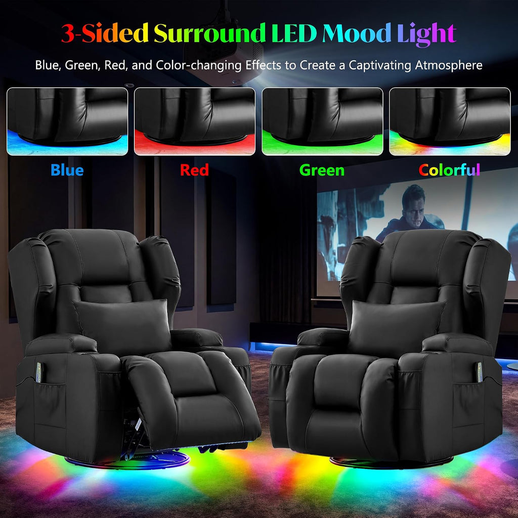 Power Swivel Rocker Recliner Chair for Adults, Dual-Motor Power Recliner with Independent Back & Footrest, Massage & Heat, 3-Sided Lights, USB, Cup Holder, Glider Rocking Chair for Living Room, Black