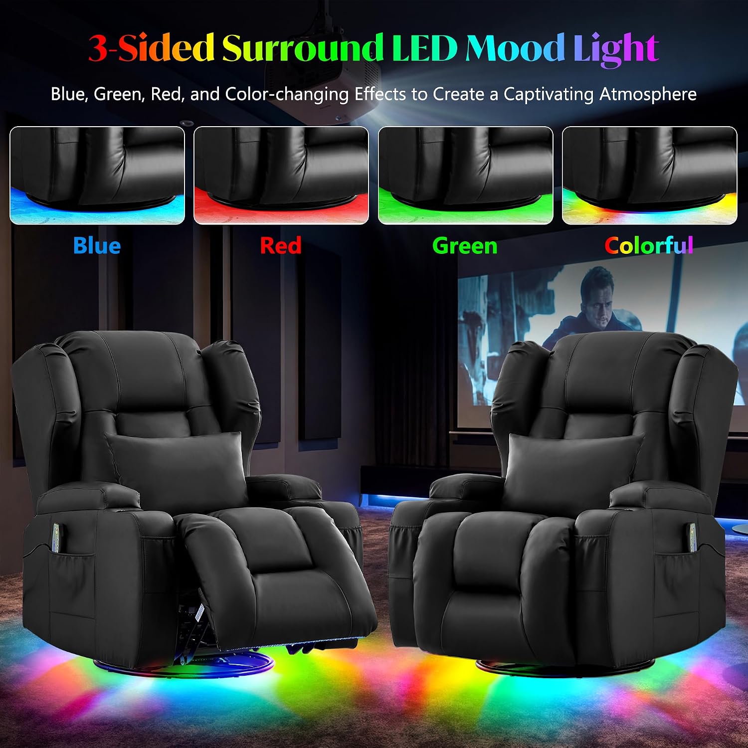 Power Swivel Rocker Recliner Chair for Adults, Dual-Motor Power Recliner with Independent Back & Footrest, Massage & Heat, 3-Sided Lights, USB, Cup Holder, Glider Rocking Chair for Living Room, Black