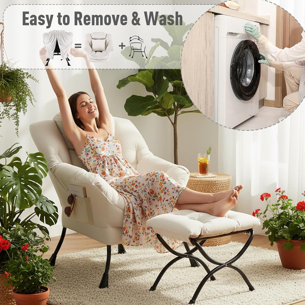 Lazy Chair with Ottoman, Large Accent Chair with Ottoman and a Throw Pillow, Beige Reading Chair for Living Room Bedroom Dorm Room Office Apartment Relaxing Use