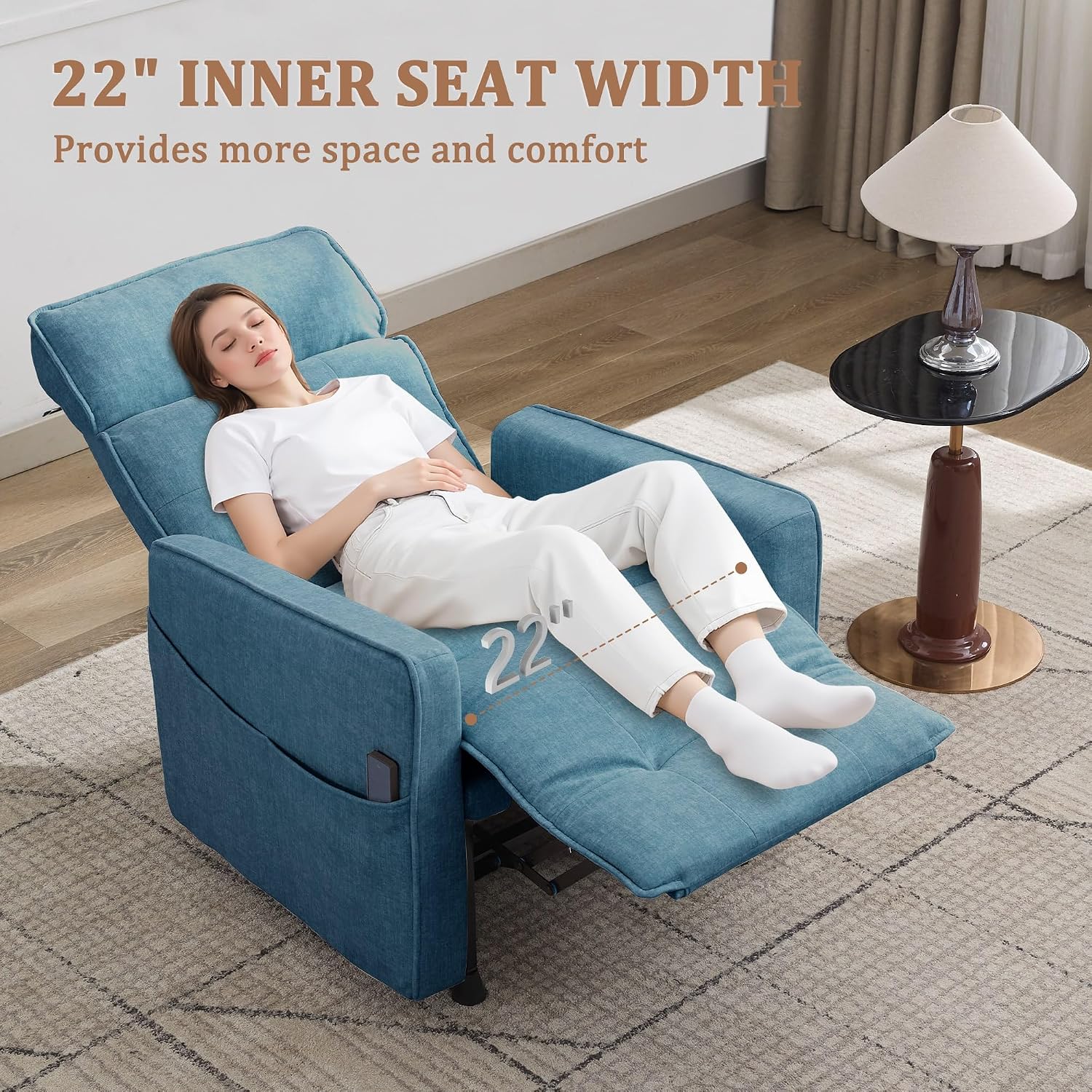 Korser Power Recliner Chair for Adults, Electric Recliner Chairs for Living Room, Comfy Recliners Cashmere Reclining Chair with One-Touch Adjustment & Side Pockets for Reading, Bedroom, Lounge, Blue