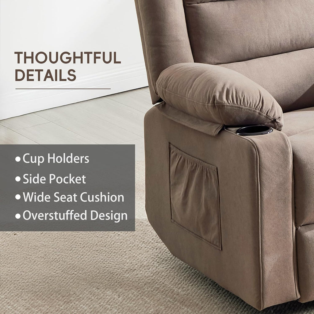 Ketaiyou Rocker Swivel Recliner Chair for Adults, Overstuffed Large Manual Recliner Glider with Massage and Heat, Comfy Soft Fabric Living Room Reclining Sofa Chair (Mocha)