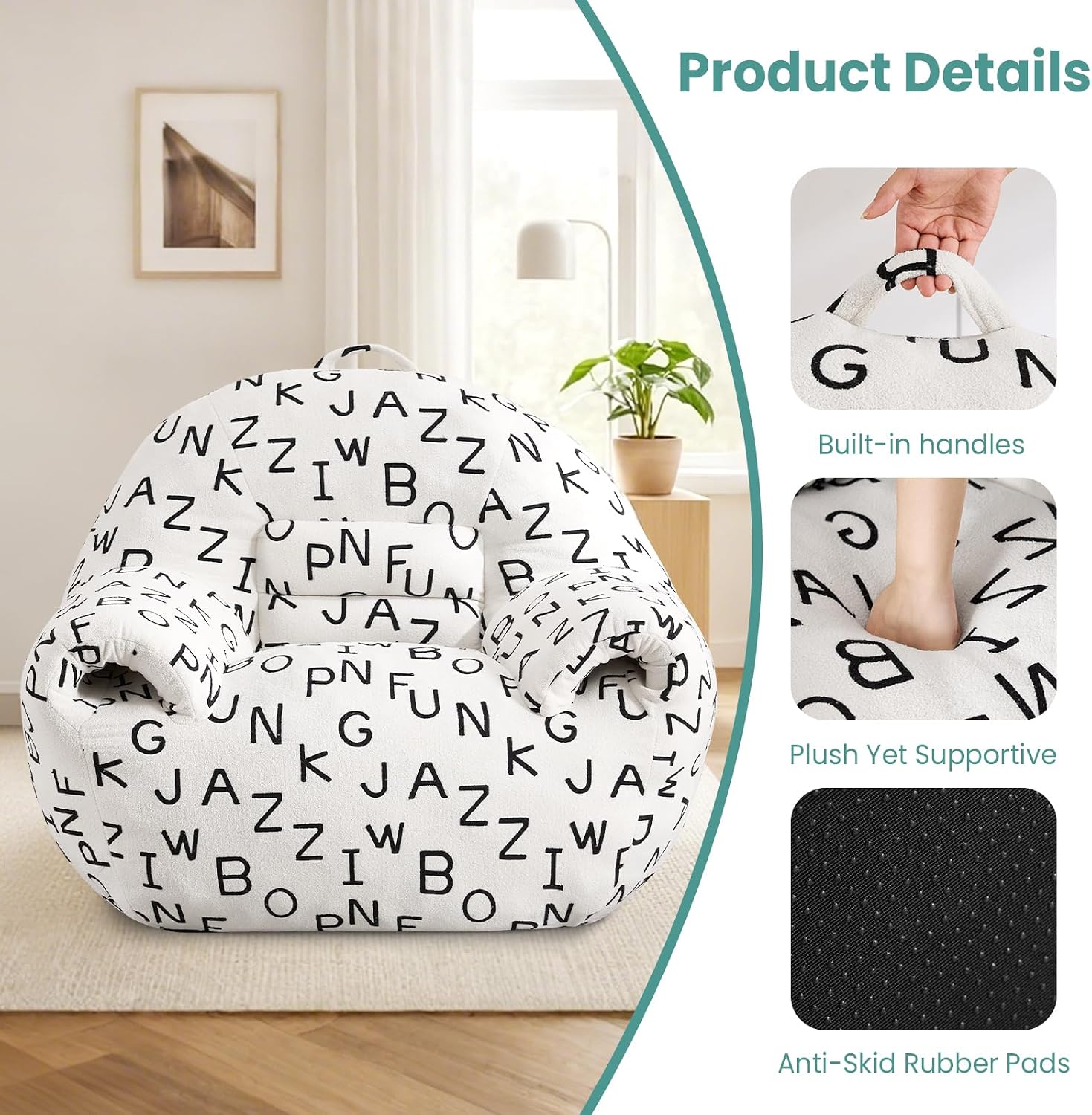 DAICO Bean Bag Chairs for Adults Comfy Bean Bag Sofa Chair with Armrests Plush Single Lazy Floor Sofas Accent Chair with Foam for Living Room Bedroom Reading Gaming Office (Letter White)