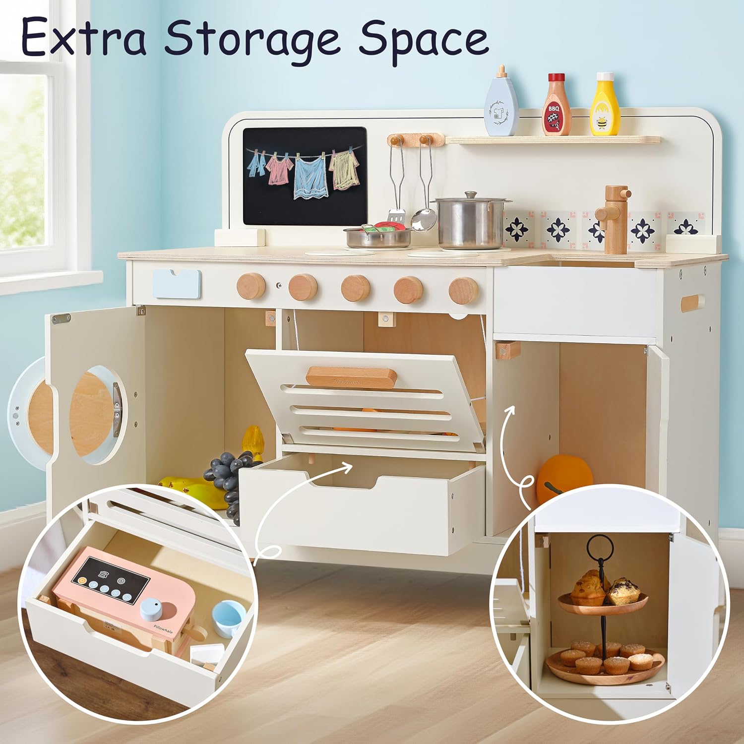 Pillowhale Wooden Play Kitchen with Washer – Large Interactive Toy Kitchen Set for Kids 3+ – Montessori Pretend Play Center with Metal Cookware & Chalkboard – Gift for Boys Girls