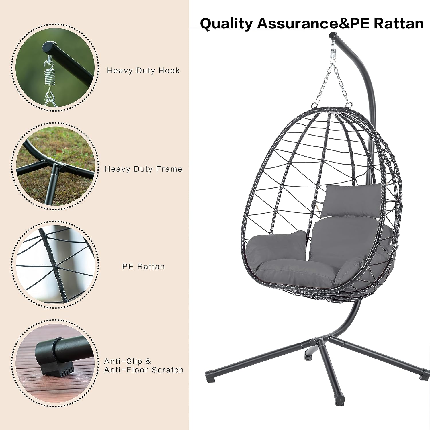Egg Chair with Stand Indoor Outdoor Swing Chair Patio Wicker Hanging Egg Chair Hanging Basket Chair Hammock Chair with Stand for Bedroom Living Room Balcony