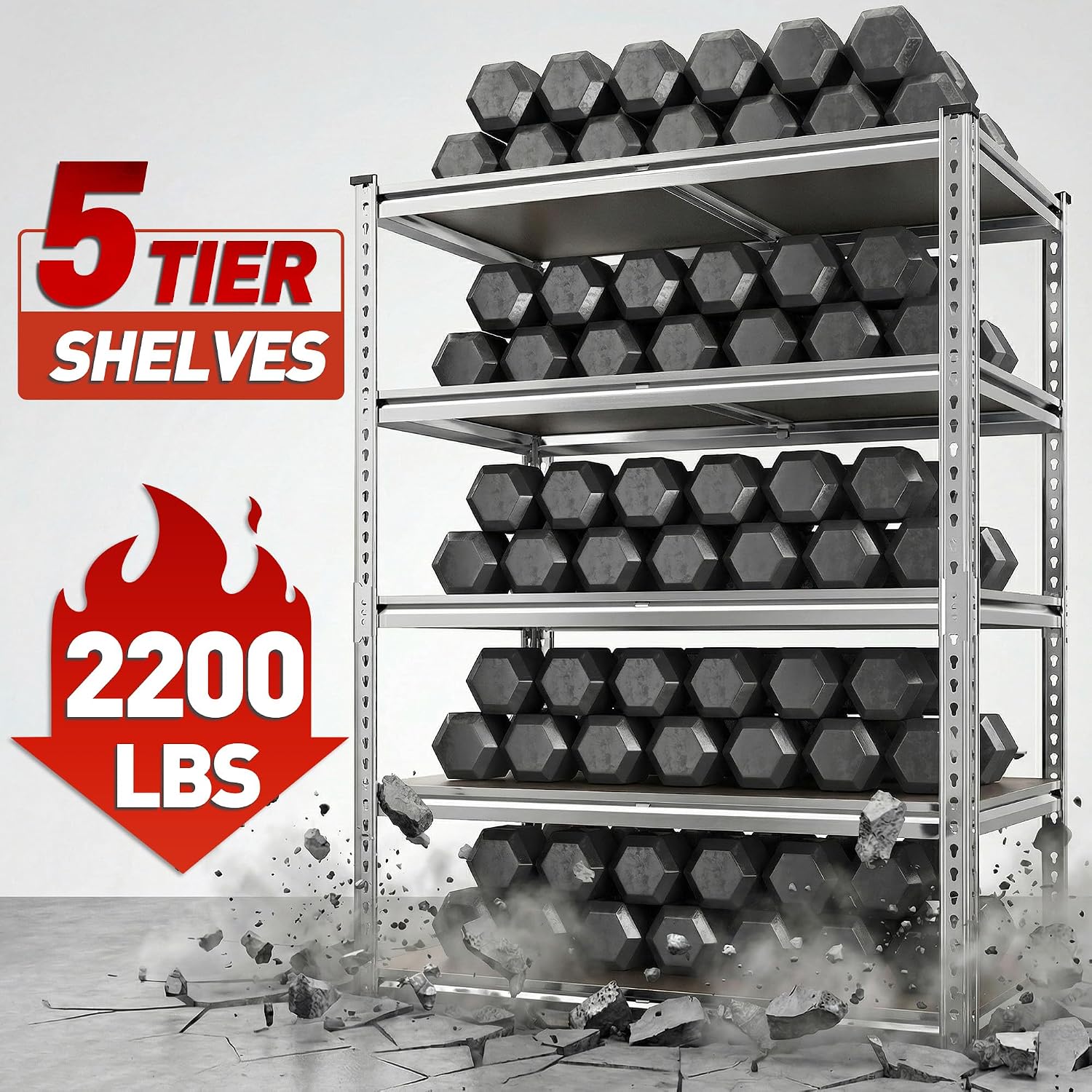2200LBS Heavy Duty Storage Shelves, 5-Tier Adjustable Metal Shelving Unit with Waterproof PP Boards,Garage Storage Rack for Pantry Basement Warehouse,35'W x 16'D x 72'H,2 Pack Sliver Shelves