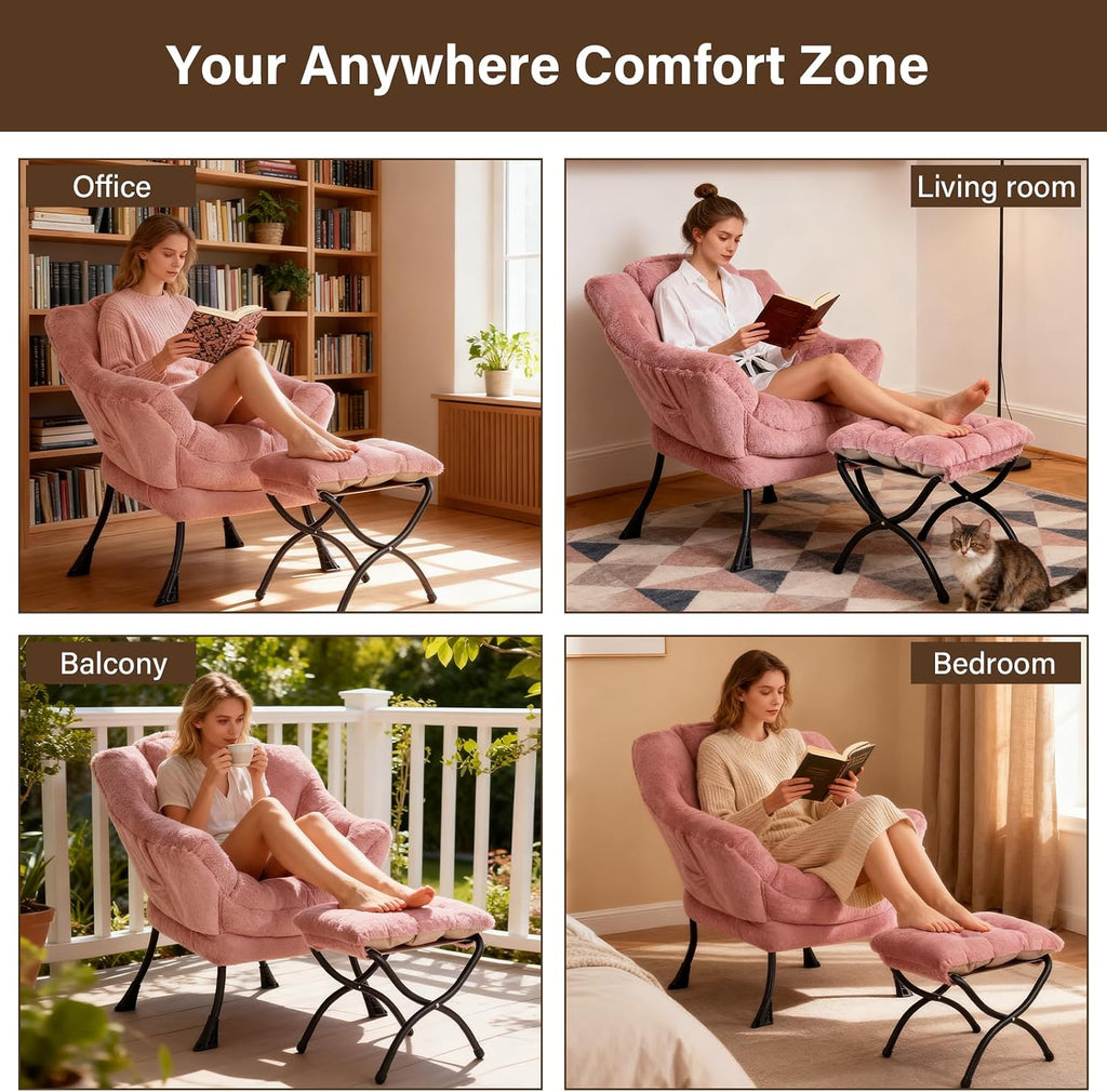 Welnow Lazy Chair with Ottoman, Modern Accent Chair with Armrests and a Side Pocket, Leisure Sofa Armchair Set, Reading Armchair with Footrest for Small Space, Plush Dark Pink