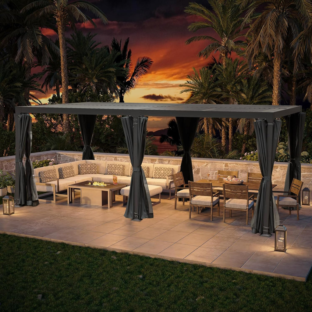 10' × 20' Louvered Pergola, Outdoor Aluminium Canopy with Adjustable Roof Curtains and Netting for Patio, Deck, Garden, Yard, Beach. (Black)