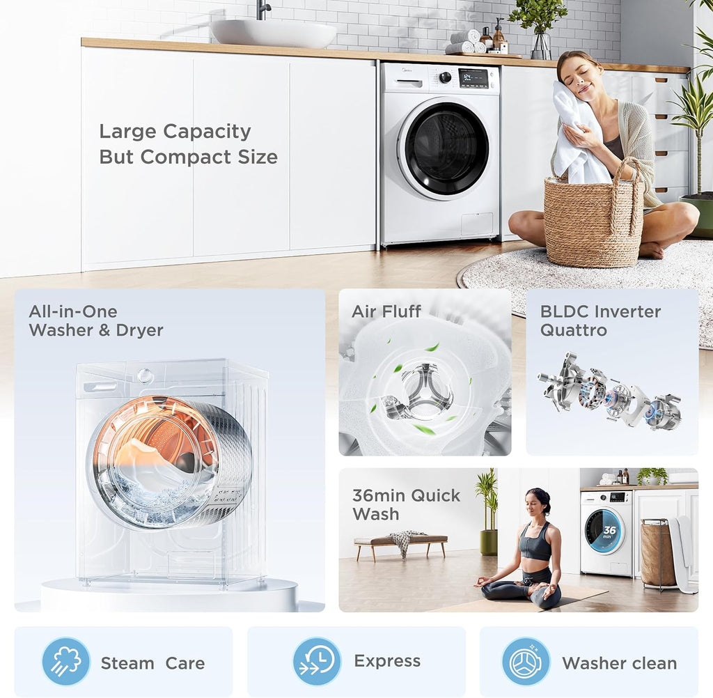 Midea 24 Inch All-in-One Front Load Washer Dryer Combo, 2.7 Cu.ft 26lbs Ventless Full-Automatic Washing Machine with Steam Care, Overnight Dry, 1400 RPM 16 Wash Cycles, White