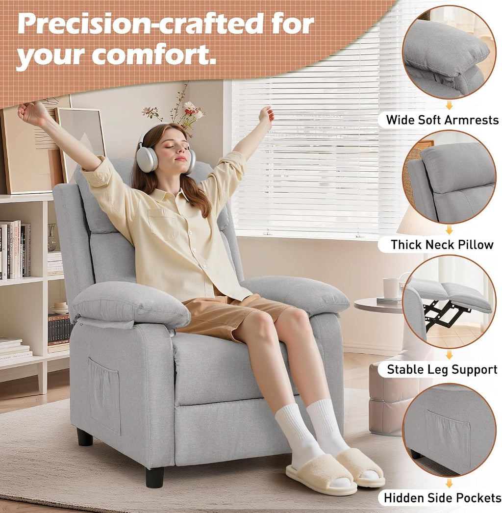 Korser Recliner Chair, Living Room Chairs for Adults, Padded Deep Seat Reading Chair with Side Pockets, Small Recliners for Small Spaces, Lounge Chair for Living Room, Bedroom, and RV (Linen)