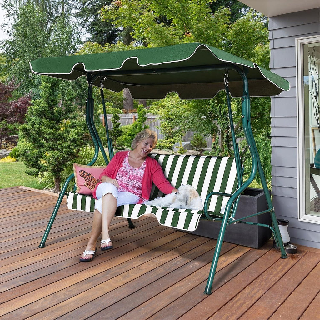 DREAMADE Porch Swing Outdoor, 3 Person Patio Swing w/Removable Cushion, Stand & Adjustable Canopy, Heavy Duty Swing Chair for Patio, Garden, Courtyard, Poolside
