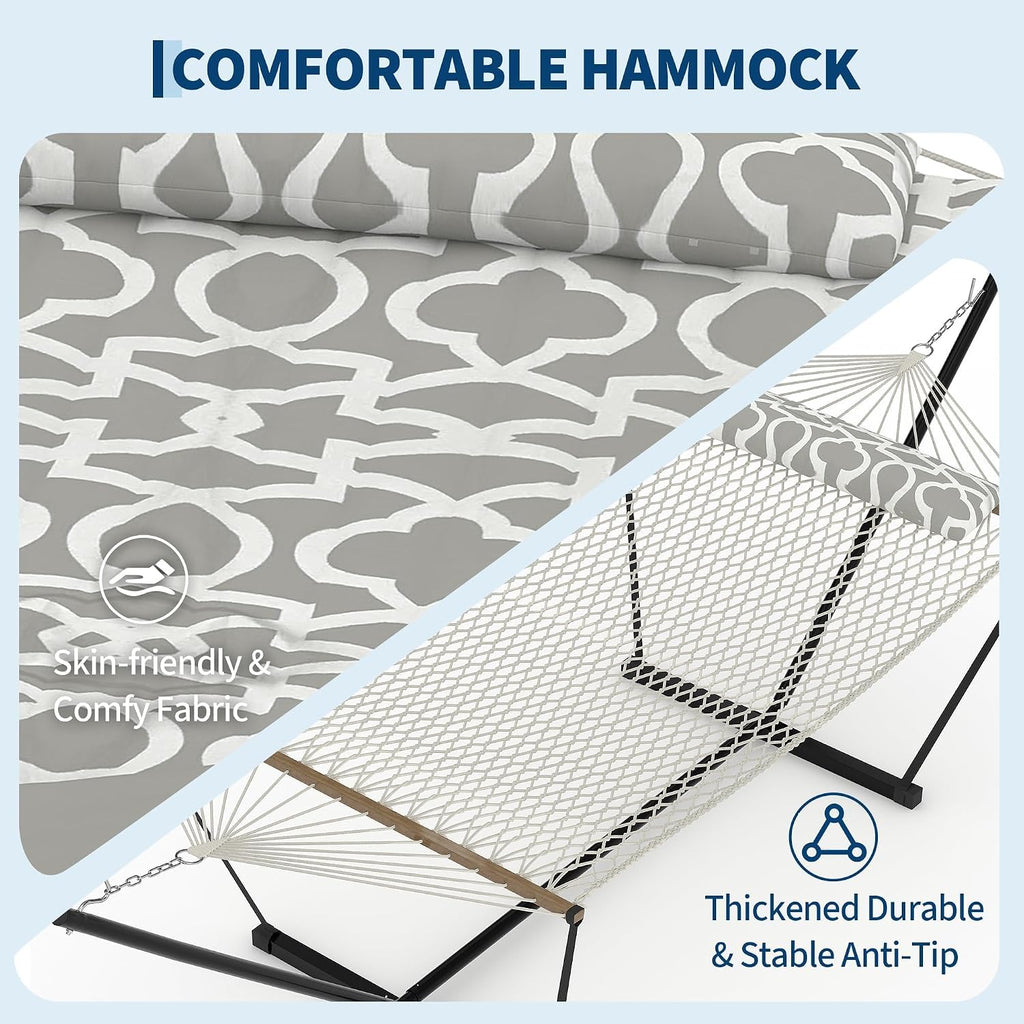 GarveeHome Double Hammock with Heavy-Duty Steel Stand, 2 Person Portable Hammock, 450LBS Max Weight Capacity, Easy Assembly, Ideal for Indoor, Backyard, Camping & Outdoor Use