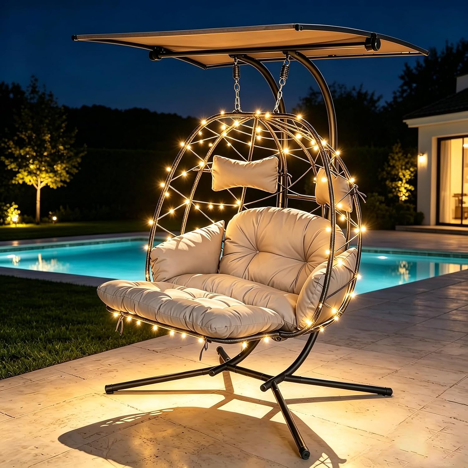 Double Egg Chair Outdoor with Stand & Canopy, 2 Person Hanging Egg Chair with Footrest, Oversized Rattan Wicker Egg Swing Chair with Lights for Bedroom Garden, 660Lbs (Black-LG with Light)