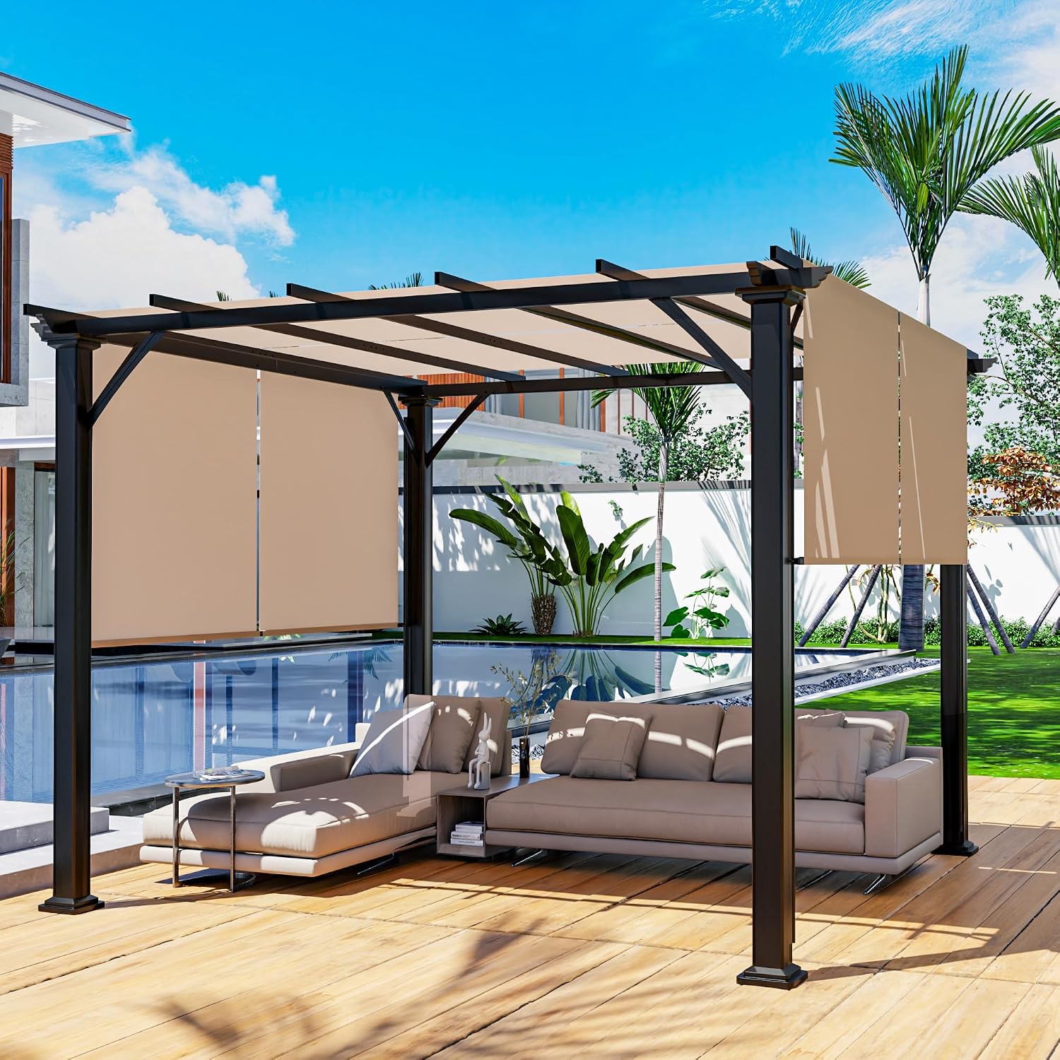 Joyside 10x10 Outdoor Pergola with Retractable Shade Canopy, Heavy-Duty Patio Metal Pergola with 4 Roller Shade Roof for Deck, Garden Use