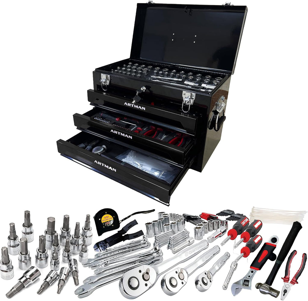 Runboll Mechanics Tool Set 339-Piece 3-Drawer Toolbox with Tools Kits Included, with pliers, ball hammer, screwdrivers, wrenches, Hex Keys, and More