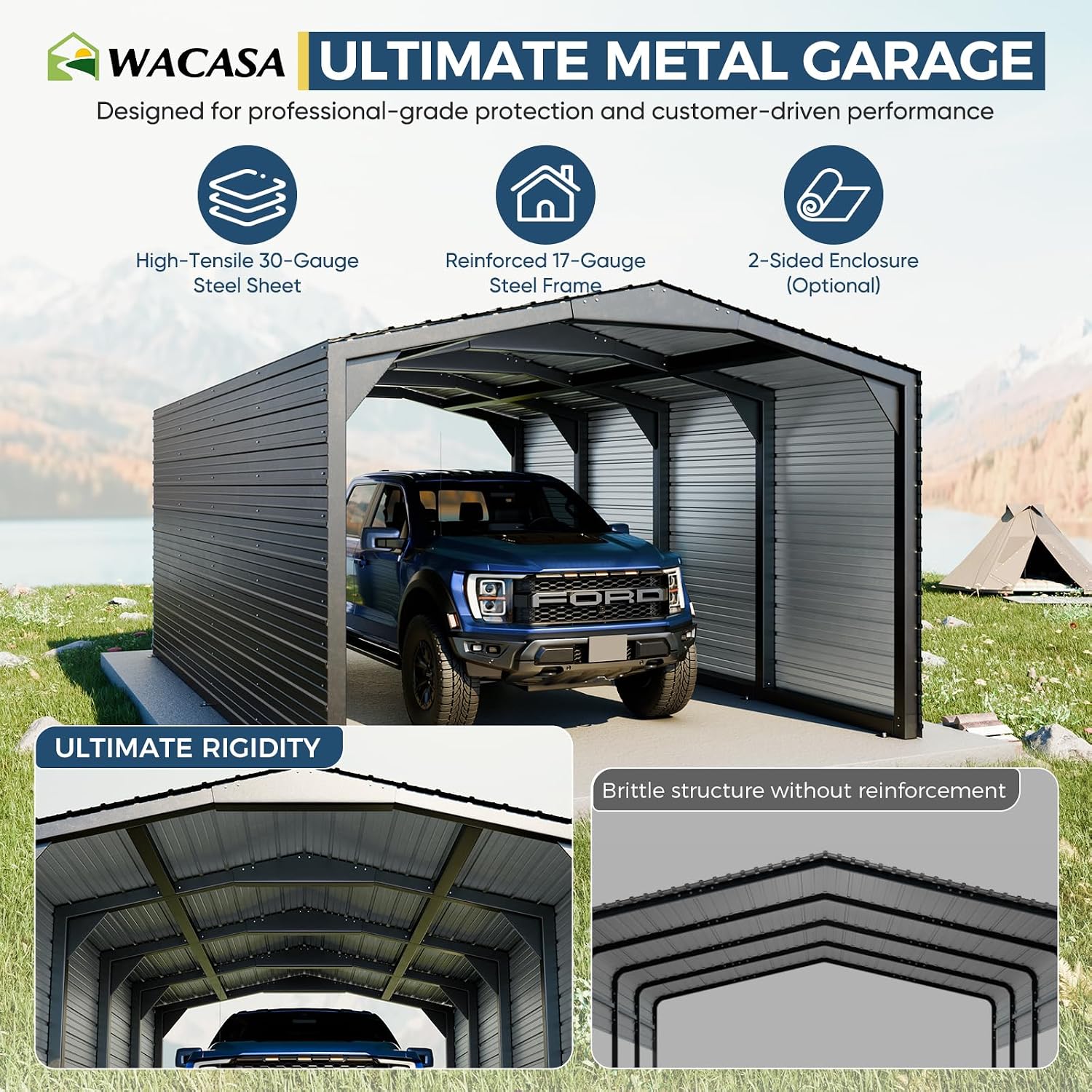 Metal Carport 12x20ft Heavy-Duty 2-Sided Enclosure | Military-Grade Reinforced Garage Kits with Steel Roof & Hurricane | 100lbs/Sq.Ft Snow/RV/Camper/Truck/Tractor Shelter