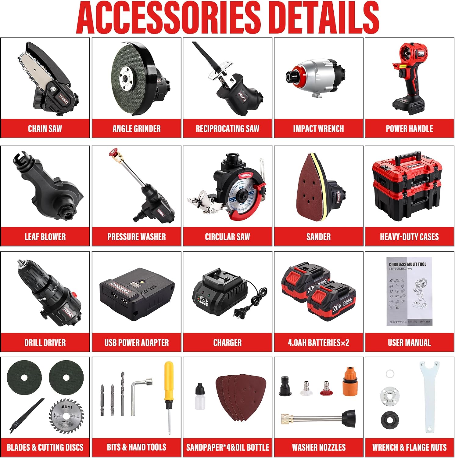 TEENO 20V MAX Brushless Power Tool Combo Kit, 9-in-1 Cordless Interchangeable Multi-Tool Set (Drill, Impact, Grinder, Sander, Circular, Chain & Reciprocating Saws, Blower, Washer), 2x 4.0Ah Batteries