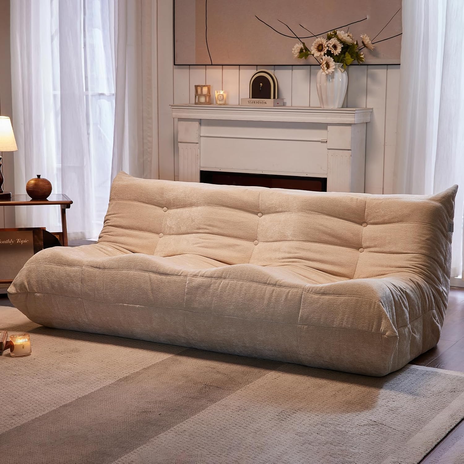 SUYOLS Bean Bag Chair, 3 Seater Fireside Chair Large Bean Bag Sofa for Adults, Memory Foam Chair Gaming Chairs with Comfy Design & Soft Fabric, Lazy Floor Sofa for Living Room, Bedroom, Beige