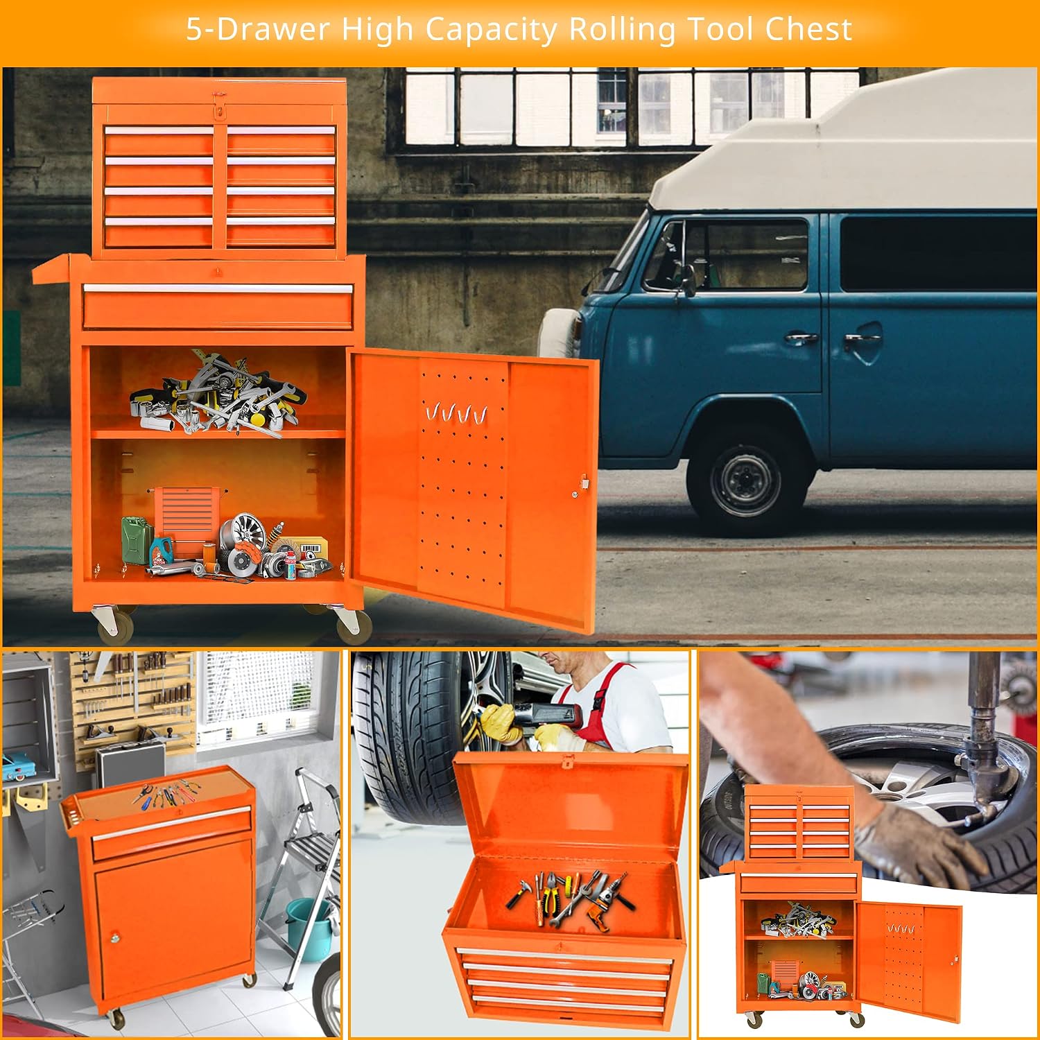 5-Drawer High Capacity Rolling Tool Chest with Wheels,Tool Box Combo Tool Storage Removable,Toolbox for Workshop and Mechanics Garage, Tool Storage Cabinet with Lockable Drawers（Orange）