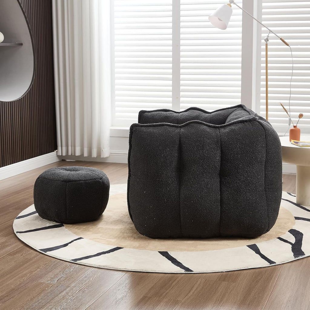 Giant Bean Bag Chair with Ottoman, Oversized Beanbag Chair for Adults, Comfy Floor Sofa Chair with Foam Filler, Pumpkin Lazy Lounger for Living Room, Game Room, Reading Corner, Chenille Black