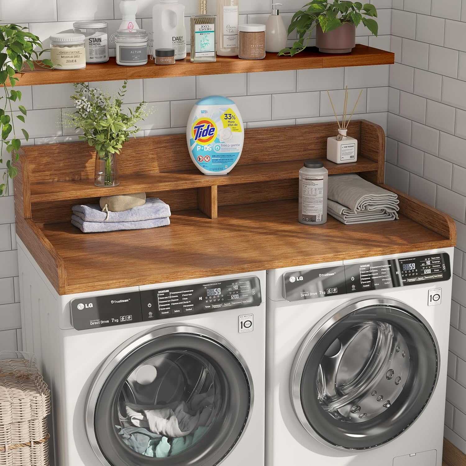 2-Tier Washer Dryer Countertop with 2.75'H Edge Rails, 54' W x 27.55' D Laundry Countertop for Folding Clothes, Washer and Dryer Topper with Non-Slip Pad (Brown)