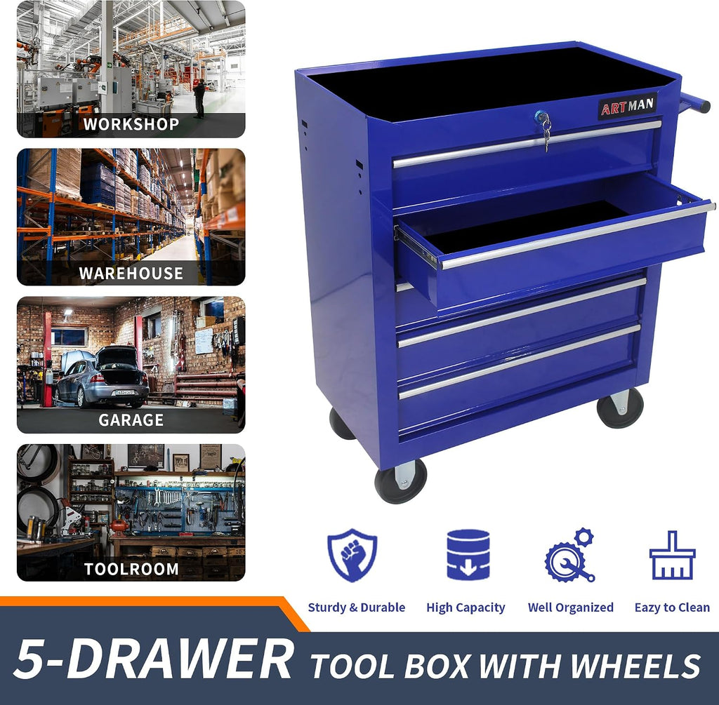 5 Drawers Rolling Tool Box，Tool Chest on Wheels, Lockable Tool Storage Cabinet Organizer Cabinet for Garage, Warehouse, Repair Shop, Workshop