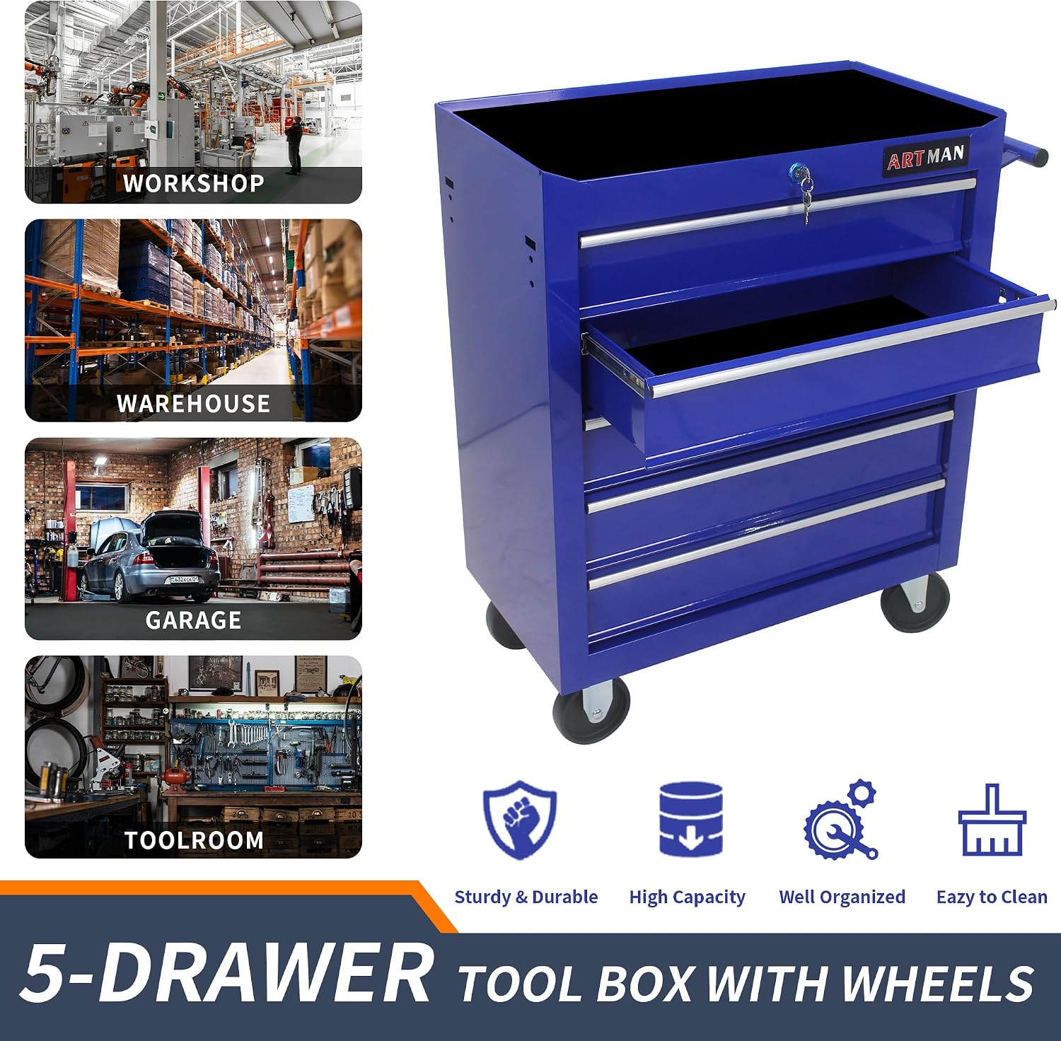 5 Drawers Rolling Tool Box，Tool Chest on Wheels, Lockable Tool Storage Cabinet Organizer Cabinet for Garage, Warehouse, Repair Shop, Workshop