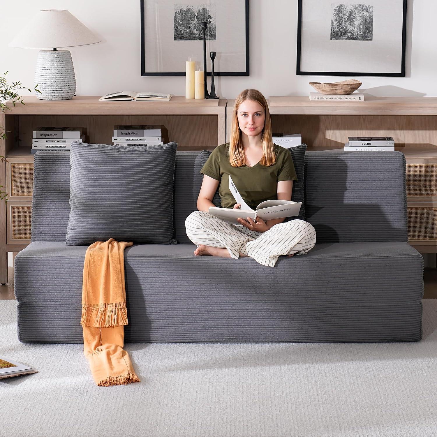 Folding Sofa Bed, Convertible Sleeper Chair with Pillows, High Support Memory Foam & Soft Corduroy Fbric, Comfy Couch Bed, Floor Loveseat Couch for Living Room, Apartment, Guest Room,Grey