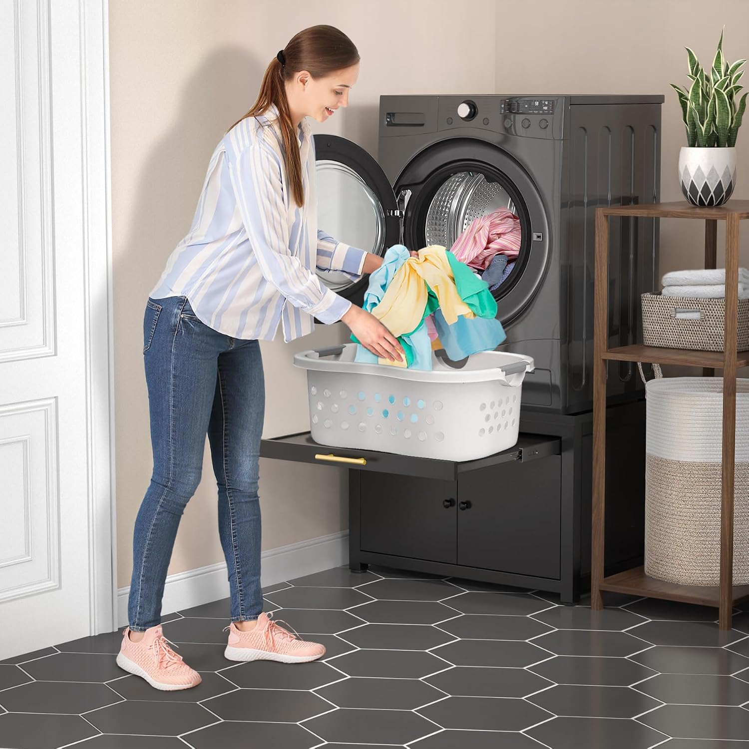 GDLF Laundry Pedestal Heavy Duty Metal Washer Dryer Pedestal 29' Universal Fit Anti-Vibration Washing Machine Stand with Laundry Basket Shelf and Built-in Drain Pan + Hose,770 LBS Capacity
