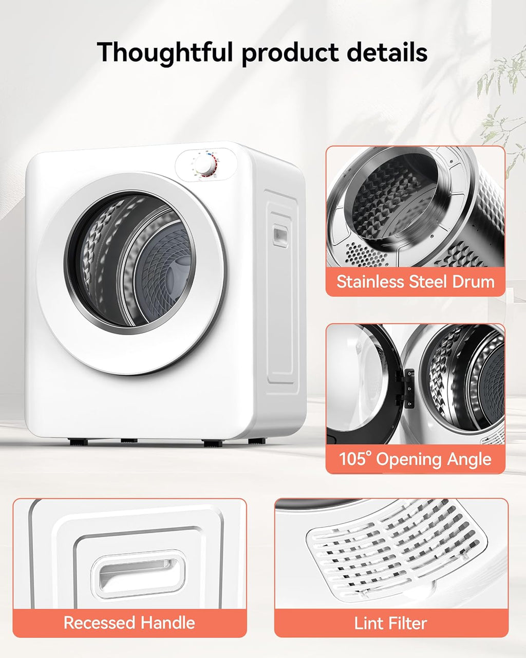 Euhomy Portable Clothes Dryer, 1.5 Cu.Ft. Portable Dryer, 850W Drying Machine with Front-Loading Stainless Steel Drum, 5 Functions, Suitable for Apartments, Dorms, RVs, Small Spaces