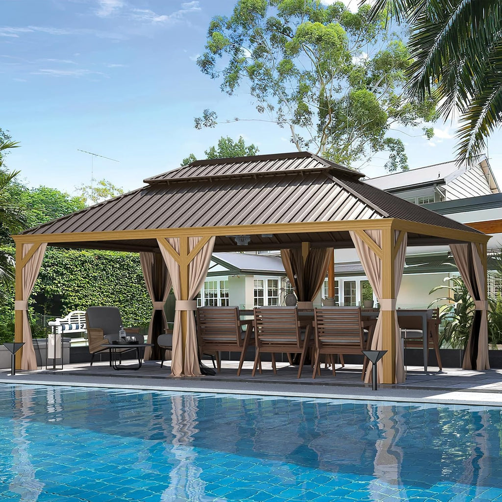 YOLENY 12'x22' Hardtop Gazebo, Galvanized Steel Double Roof with Wood Grain Aluminum Frame Pergola, Outdoor Permanent Metal Pavilion with Curtains and Nettings for Patio, Backyard and Deck