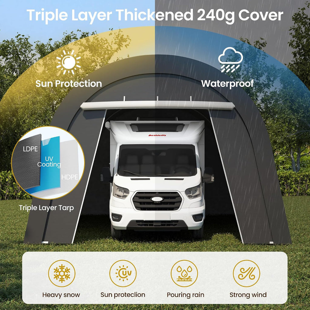 Heavy Duty Carport 12X25FT, Portable Garage with 2 Roll Up Doors Vents and Metal Round Roof, Outdoor Storage shed Car Port Canopy Tent for Garden Tools, Vehicle Truck Boat, Party, Dark Gray