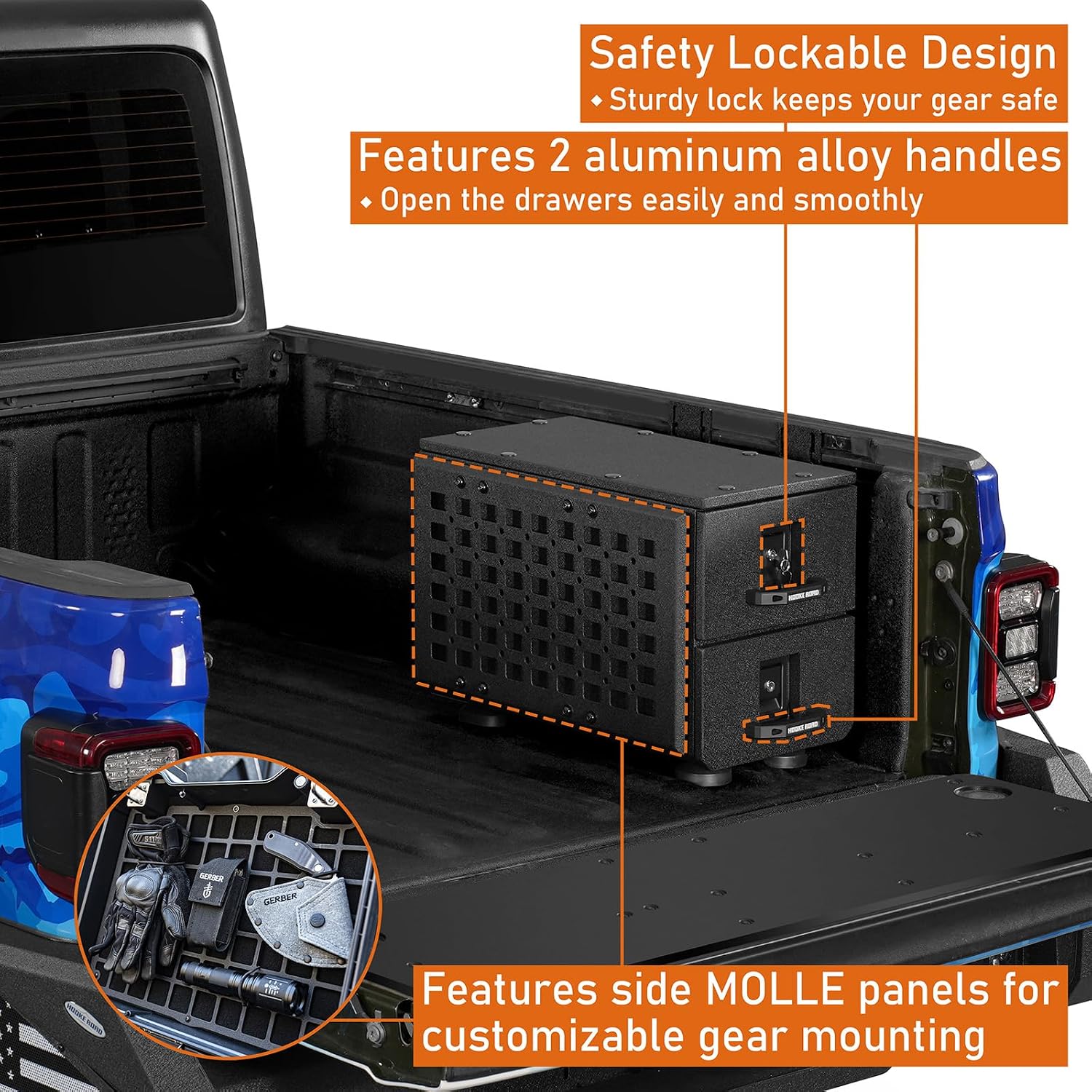 Hooke Road Truck Bed Drawer System Tool Box for Toyota Tacoma, Jeep Gladiator JT, Chevy Colorado & GMC Canyon, Vehicle Bed Side Storage Toolbox with MOLLE Panel
