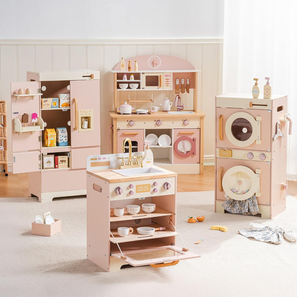 ROBOTIME Wooden Kids Play Kitchen – 4-in-1 Toddler Play Kitchen Set with Fridge, Washer & Dishwasher – Wooden Corner Cooking Playset for Boys & Girls Ages 3+