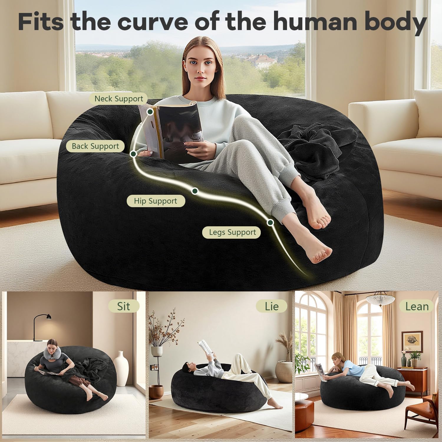 5FT,Big Bean Bag Chairs for Adults，Bag with Filler Included，Comfortable and Soft Plush ，Memory Foam Bean Bag,Oversized Bean Bag,Read Chair Suitable for Living Room and Bedroom (Black, 5 Foot)