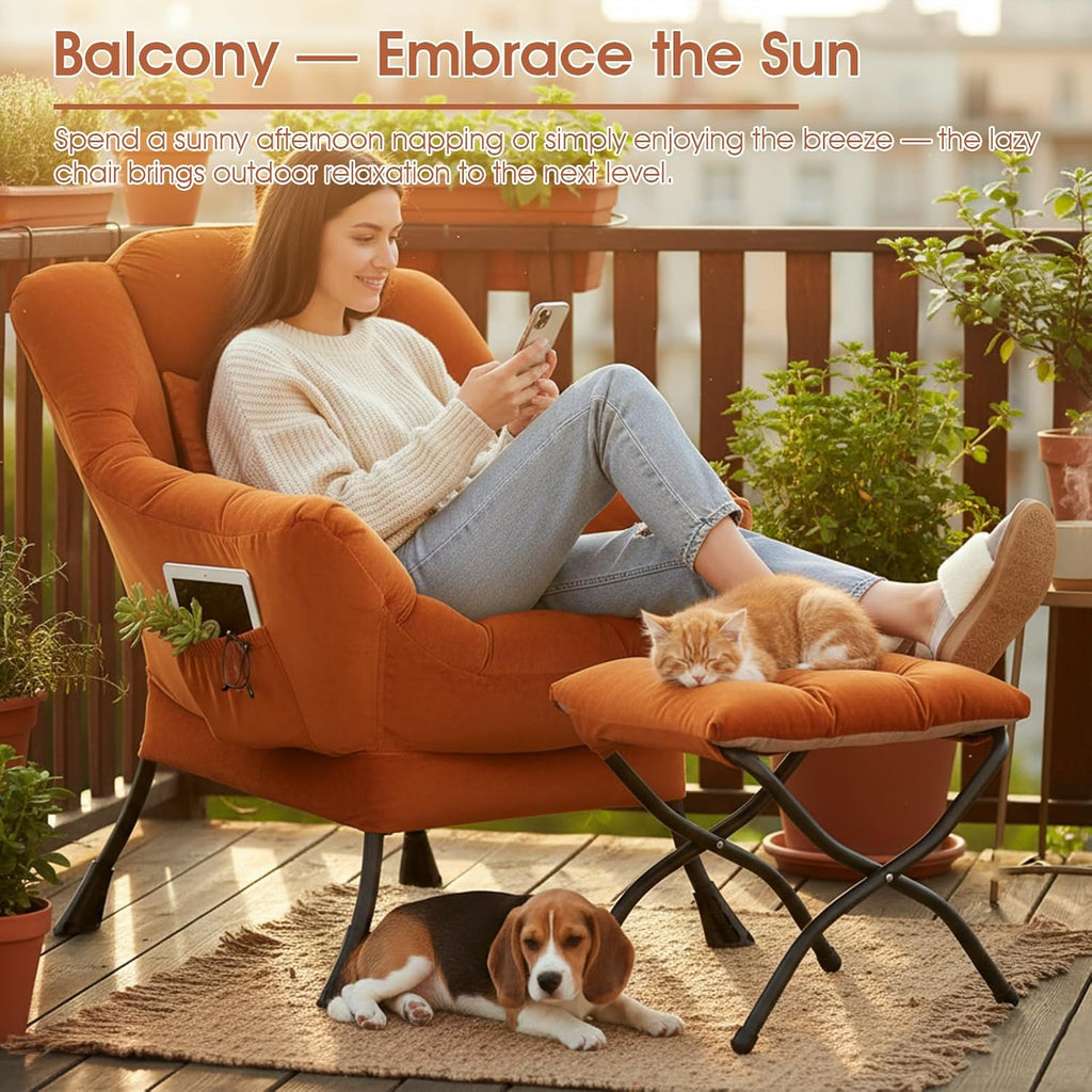 Tangerine Lazy Chair with Ottoman, Large Velvet Accent Chair with a Throw Pillow, Comfy Leisure Sofa Chair for Living Room Bedroom Dorm Room Office Apartment Reading Relaxing Use