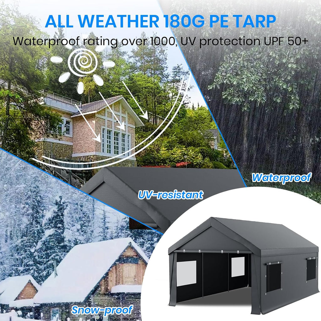 Carport 10x20 Heavy Duty Portable Garage,Carport Canopy with Roll-Up Windows & Doors,Portable Garages and Shelters with Removable Sidewalls,Car Tent Garage with All-Season Tarp for Truck Tractor Bike