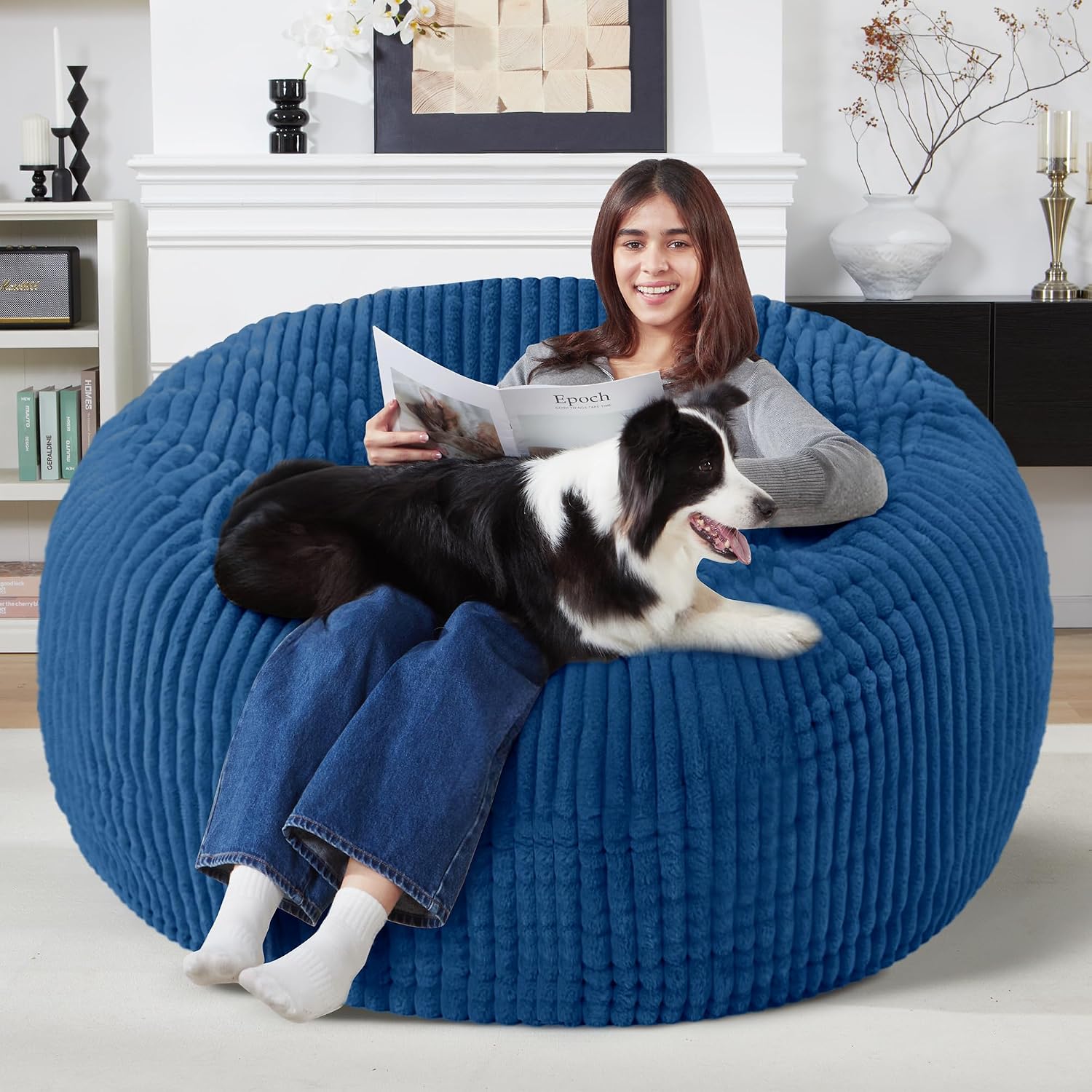 Homguava 5 FT Bean Bag Chair,5' Big Bean Bag,Giant Bean Bag Chairs for Adults with Memory Foam Filled,Comfy Large Beanbag Chairs Soft Bean Bag Sofa with Dutch Corded Plush Cover-Blue