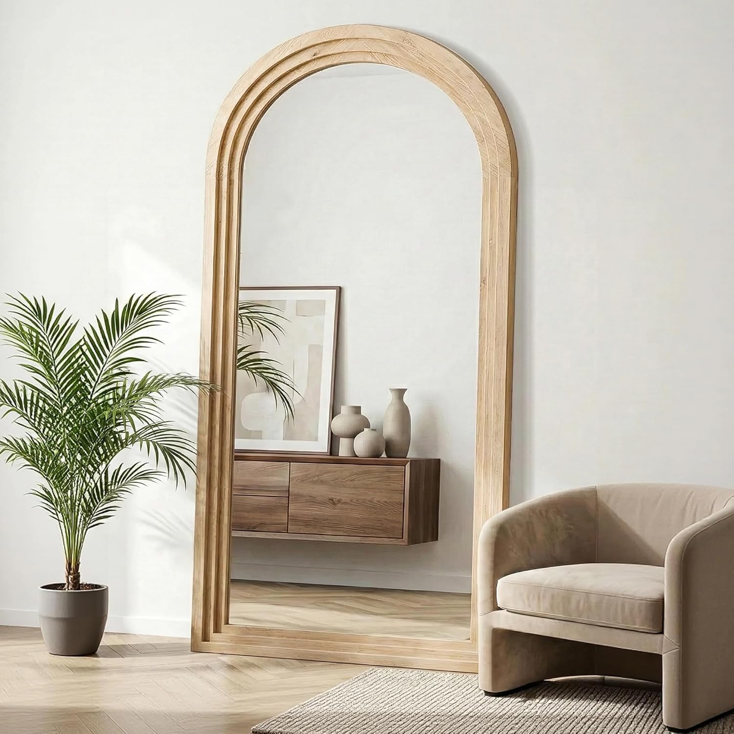 Delma Arched Full Length Floor Mirror with Stand, 75x35 Rustic Farmhouse Solid Wood Frame Wall Mirror for Bedroom, Living Room, Vertical Hanging & Standing(Natural)