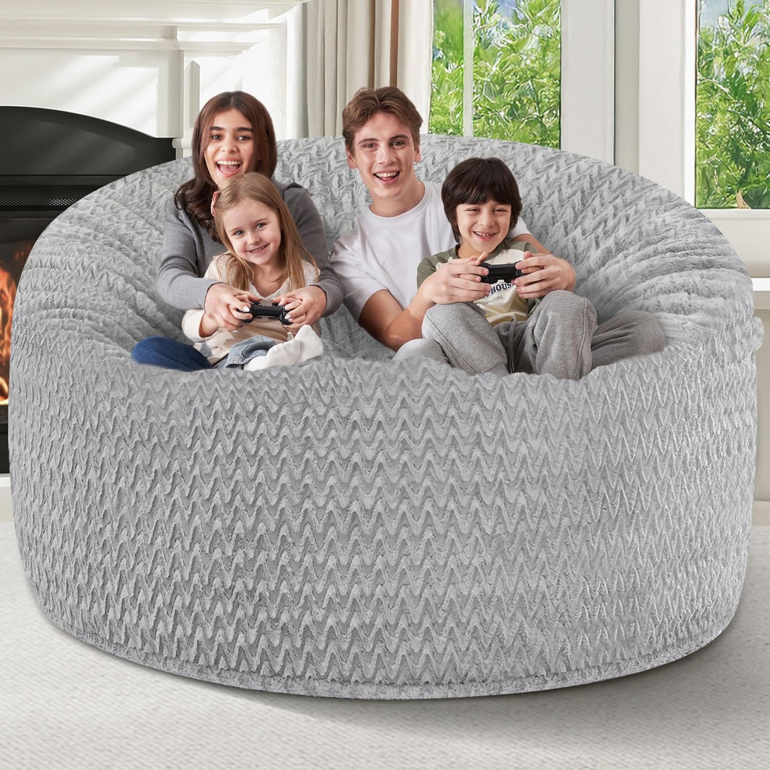 6FT Bean Bag Chair,Giant Bean Bag Chairs for Adults,Big Bean Bags with Memory Foam Filled, Large Beanbag Chairs with Chevron Plush Cover-Light Grey