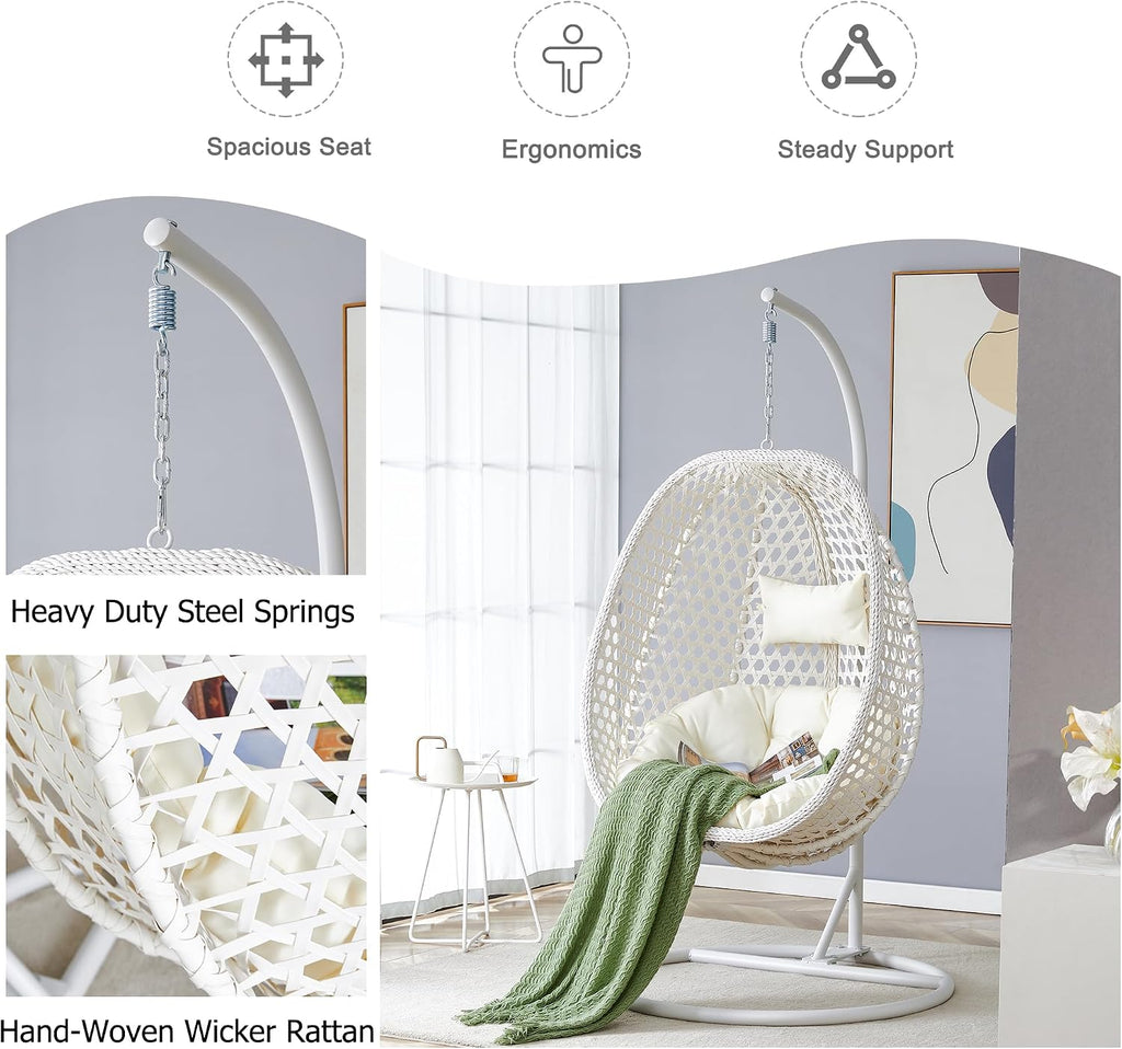 Egg Swing Chair with Stand,Rattan Swing Egg Chair with Stand, White Hanging Egg with Soft Cushion, Outdoor Hanging with Foldable Basket and Metal Stand for Bedroom Patio