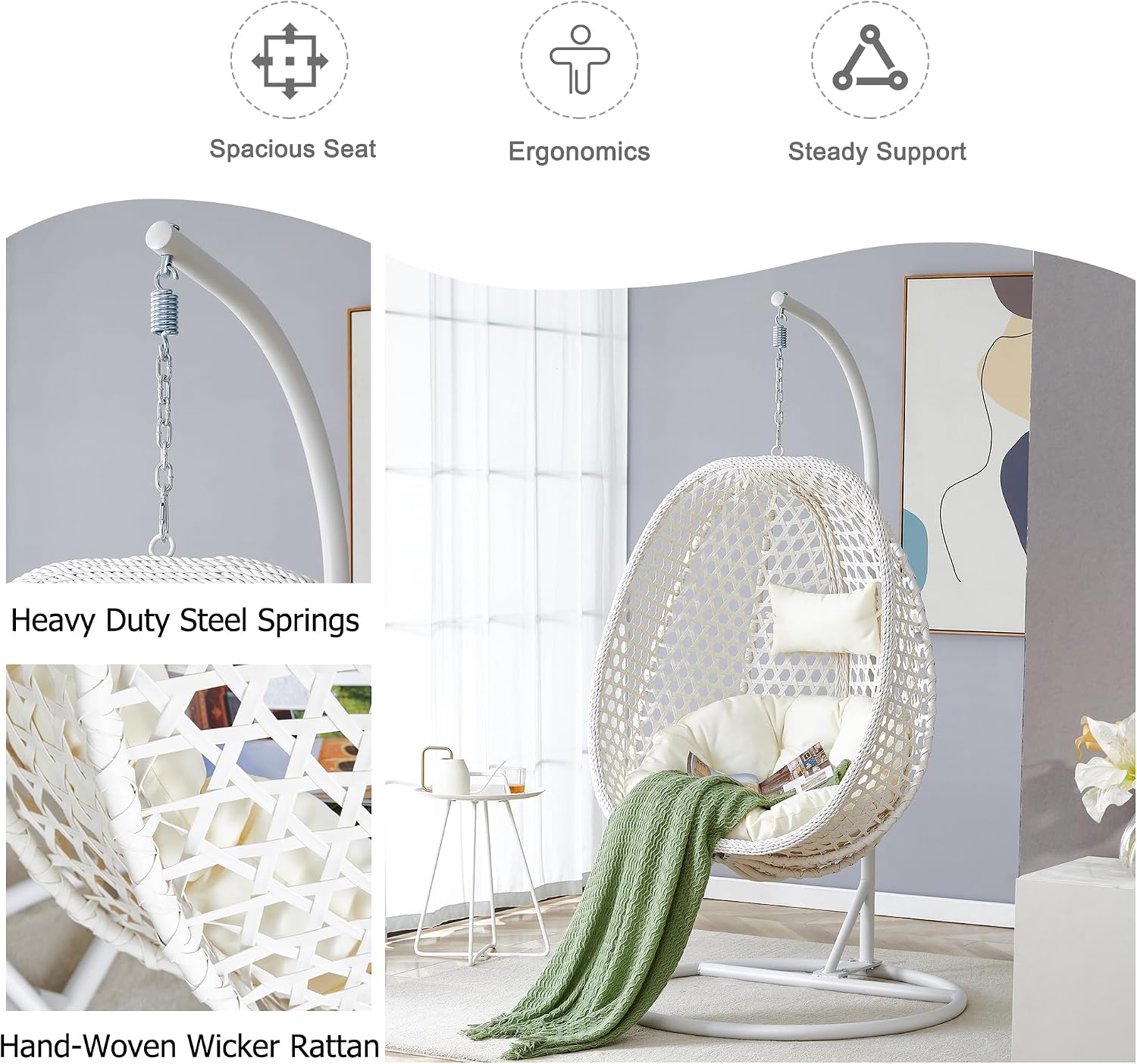 Egg Swing Chair with Stand,Rattan Swing Egg Chair with Stand, White Hanging Egg with Soft Cushion, Outdoor Hanging with Foldable Basket and Metal Stand for Bedroom Patio