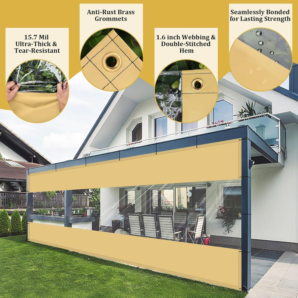 Shade&Beyond Outdoor Vinyl Curtain, 10'W x 16'L Heavy Duty Clear Tarp with Grommets Waterproof, Privacy Clear Panel UV-Resistant for Pergola Gazebos Porch Enclosure Patio(Customized Size, Beige)