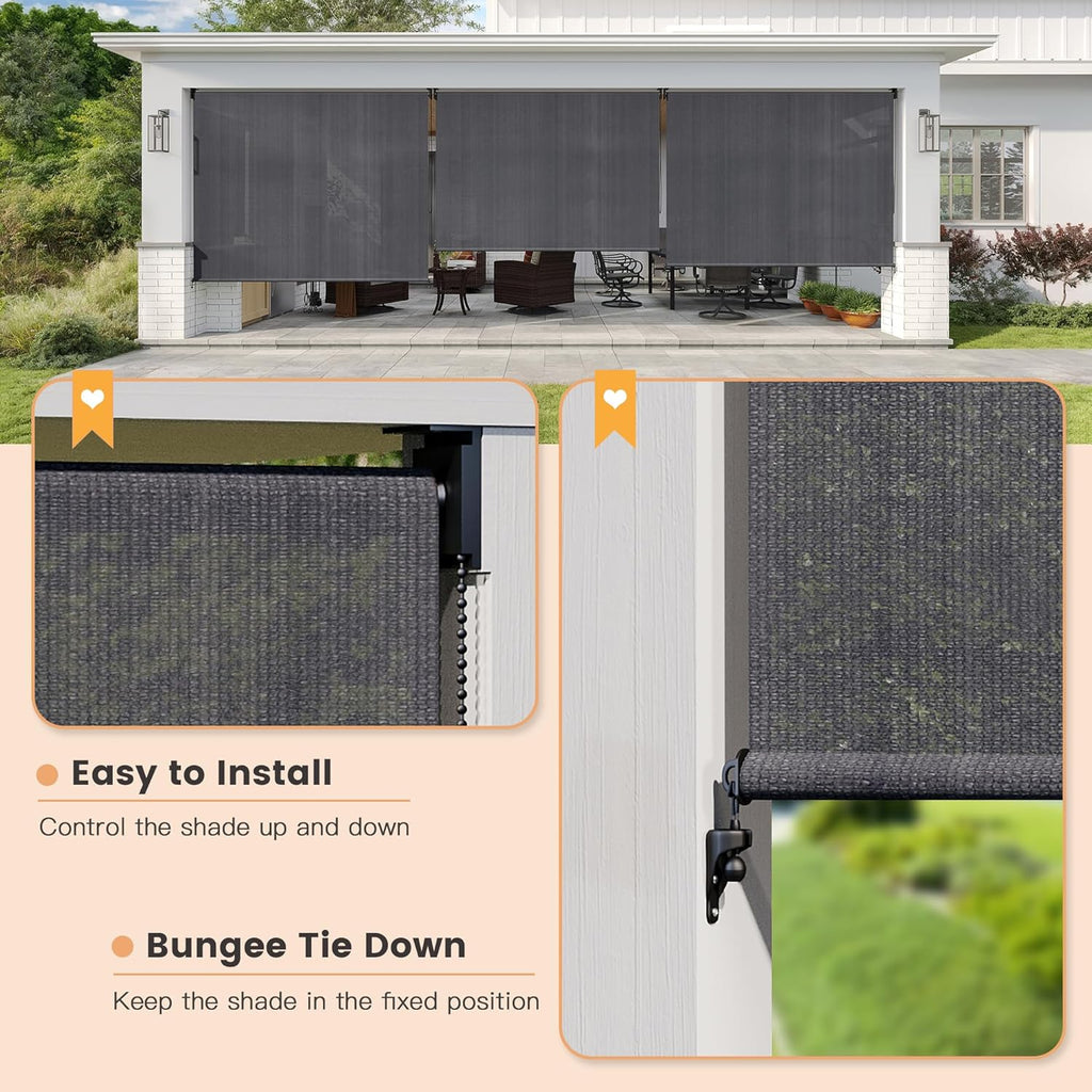 VICLLAX Outdoor Roller Shade (10' W×8' L), Patio Corded Roller Blinds, Exterior Roll Up Shade with Spliced Design for Patio Porch Gazebo, Grey