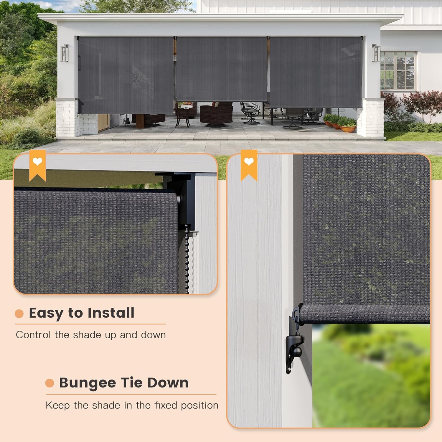 VICLLAX Outdoor Roller Shade (10' W×8' L), Patio Corded Roller Blinds, Exterior Roll Up Shade with Spliced Design for Patio Porch Gazebo, Grey