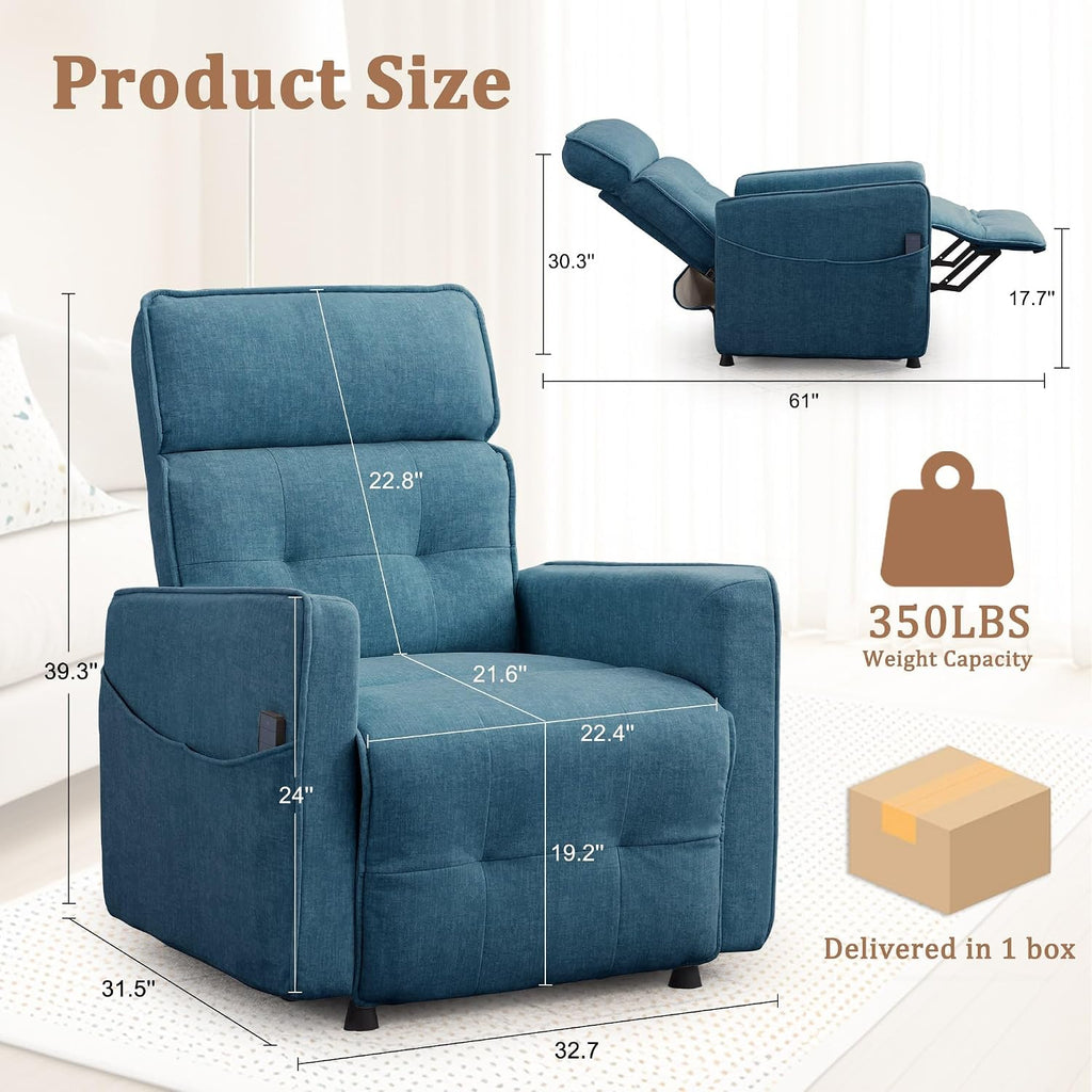 Korser Power Recliner Chair for Adults, Electric Recliner Chairs for Living Room, Comfy Recliners Cashmere Reclining Chair with One-Touch Adjustment & Side Pockets for Reading, Bedroom, Lounge, Blue