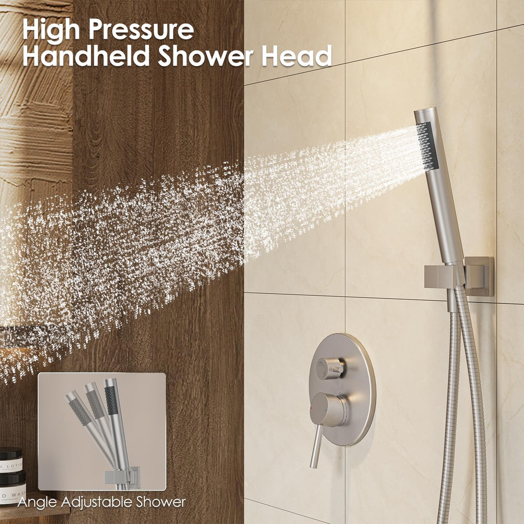Gabrylly Shower System, Wall Mounted Shower Faucet Set with Shower Valve, High Pressure 10' Rain Shower head with Handheld Spray Combo, 2 Way Rainfall Shower Head Set, Brushed Nickel