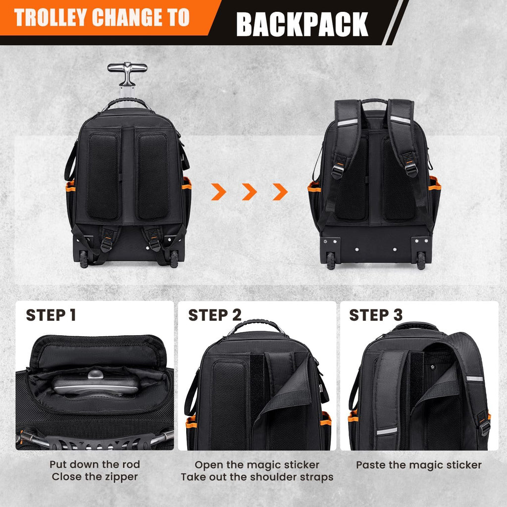 2-In-1 Rolling Tool Backpack Heavy Duty, Rolling Tool Bag with Wheels, 63-Pocket Tool Bags for Men, Waterproof Rolling Tool Backpack for Hvac Electrician Construction Mechanic