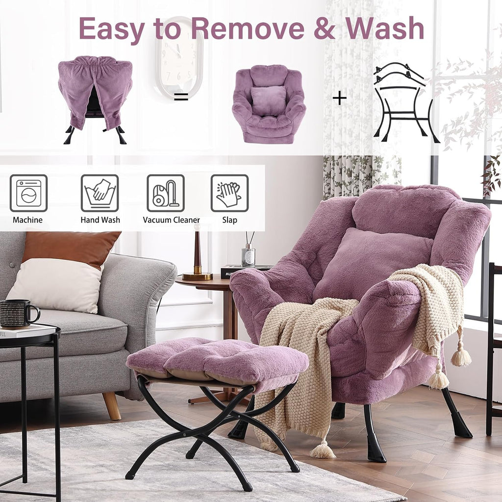Lazy Chair with Ottoman, Reading Chair with a Pillow, Leisure Sofa Armchair with Ottoman, Large Accent Chair for Bedroom, Living Room, Dorm Room, Plush Purple