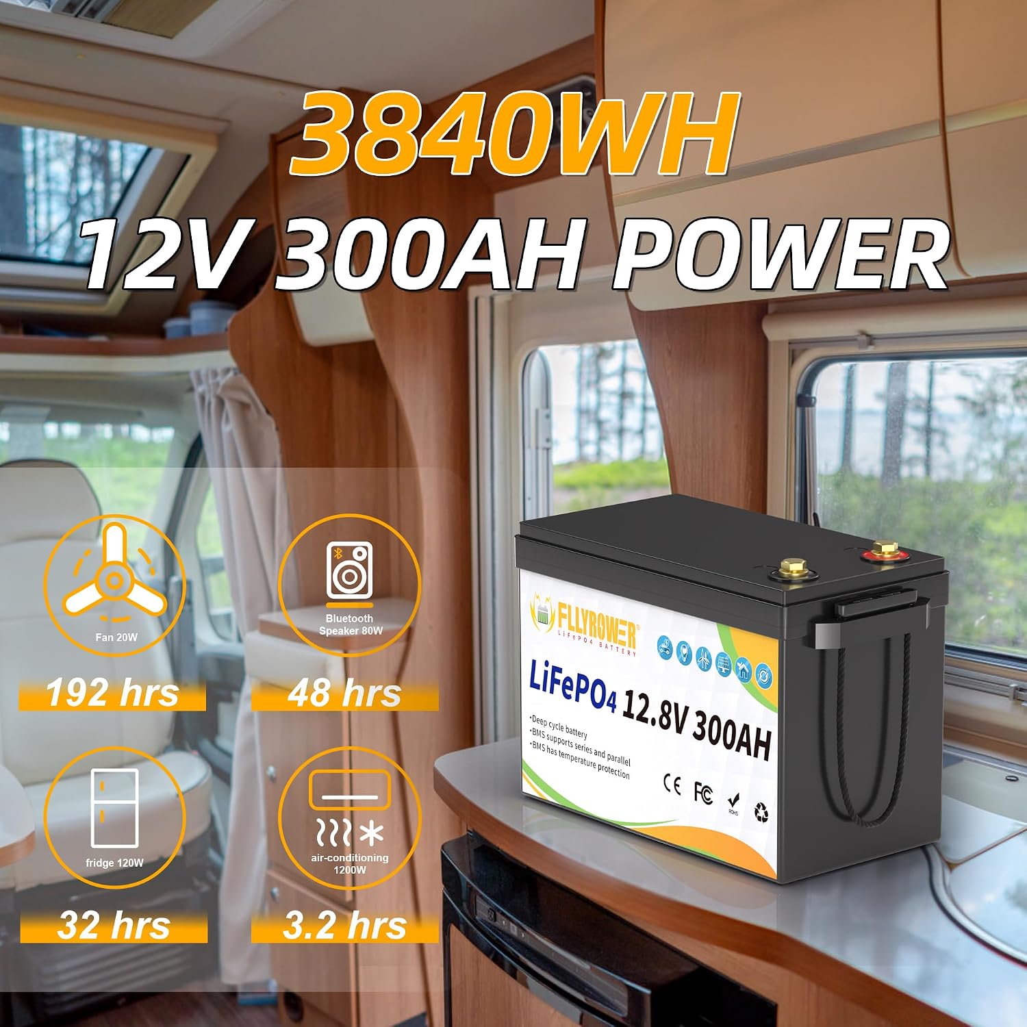 FLLYROWER 12V Lithium Battery 300AH With BMS and 16500 Deep Cycles 12V 300AH Lifepo4 Battery Grade A Cells for Marine Trolling Motor RV camping Solar Golf Cart Off-Grid