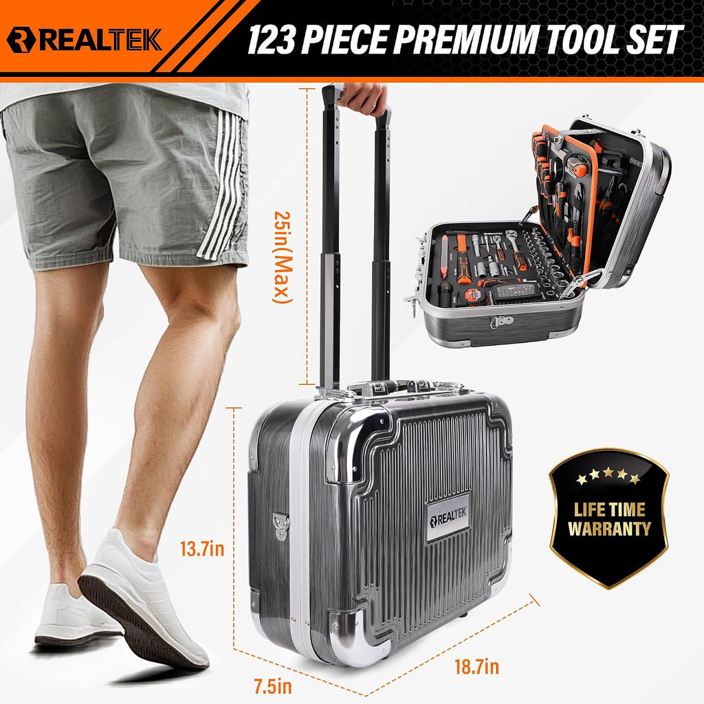 REALTEK 123 Piece Tool Set with Aluminum Case, Mechanics Tool Set with CR-V Constructed, Professional Tool Kit for Home and Car Repair